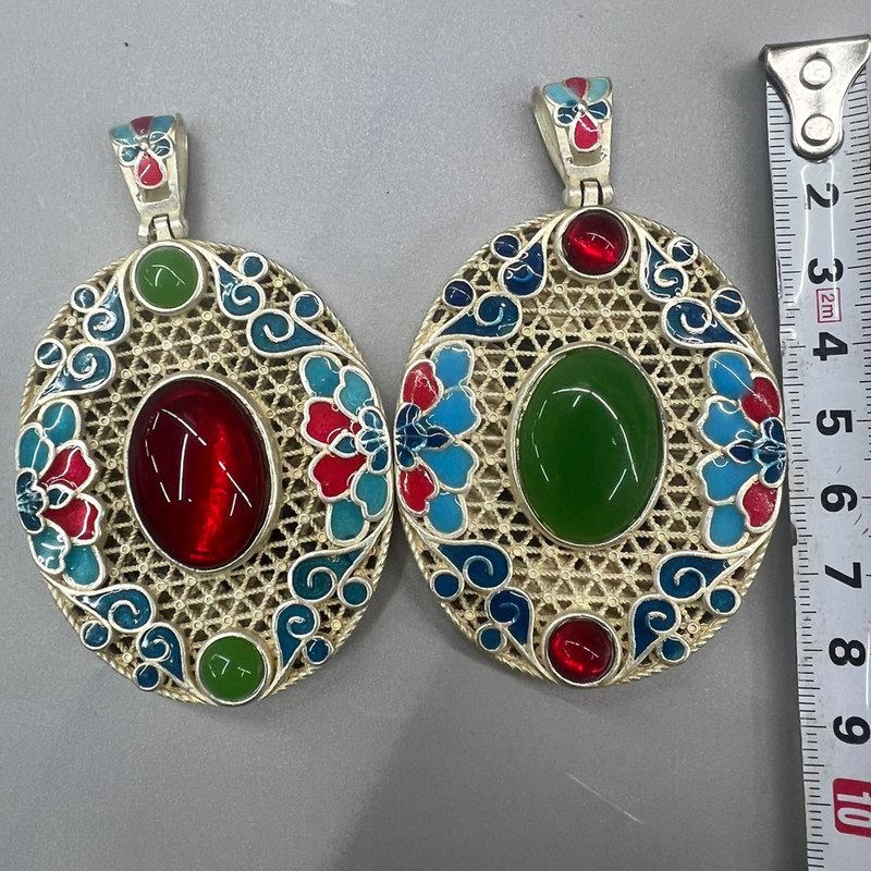 Vintage Collectible Market - Vintage Folk Collection Cloisonné Silberanhänger mit